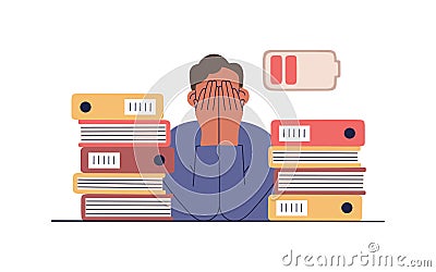 Man tired of hard working, burnout at work. Guy sitting at a table with a stack of folders Vector Illustration